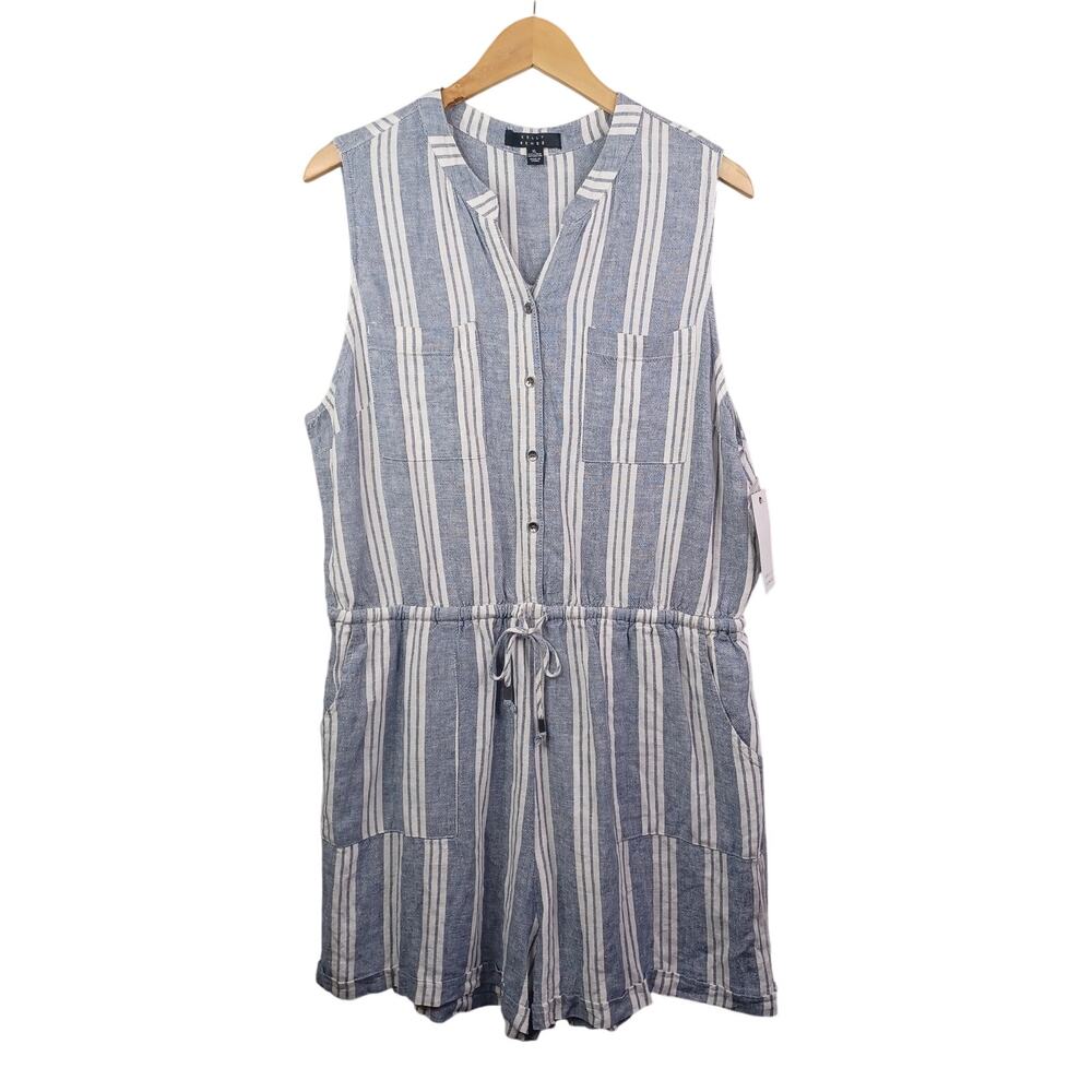 Kelly Renee Women's Linen Blend Striped Romper XL Blue Button Up Pockets Beach